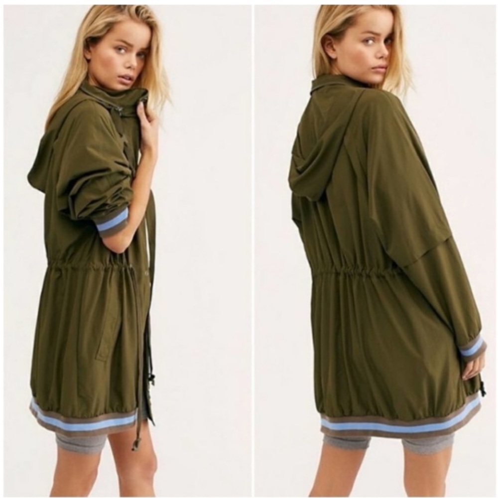Free People Contrast-Trim Anorak Jacket, deep green w/ blue stripes, size Large